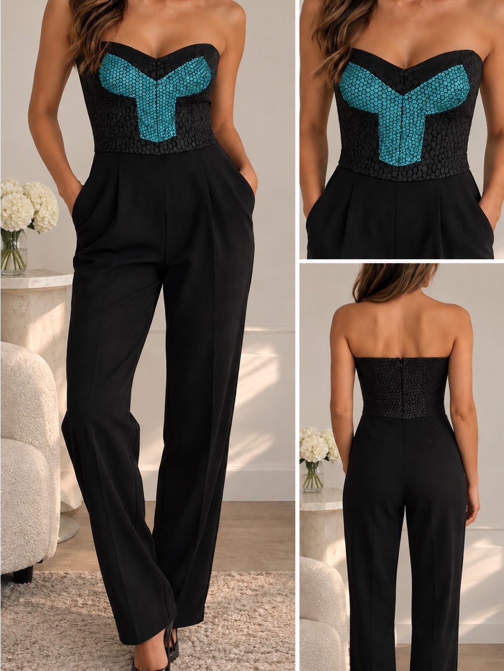 NWT 6 Shore Road XS Black Turquoise Strapless Bustier Jumpsuit